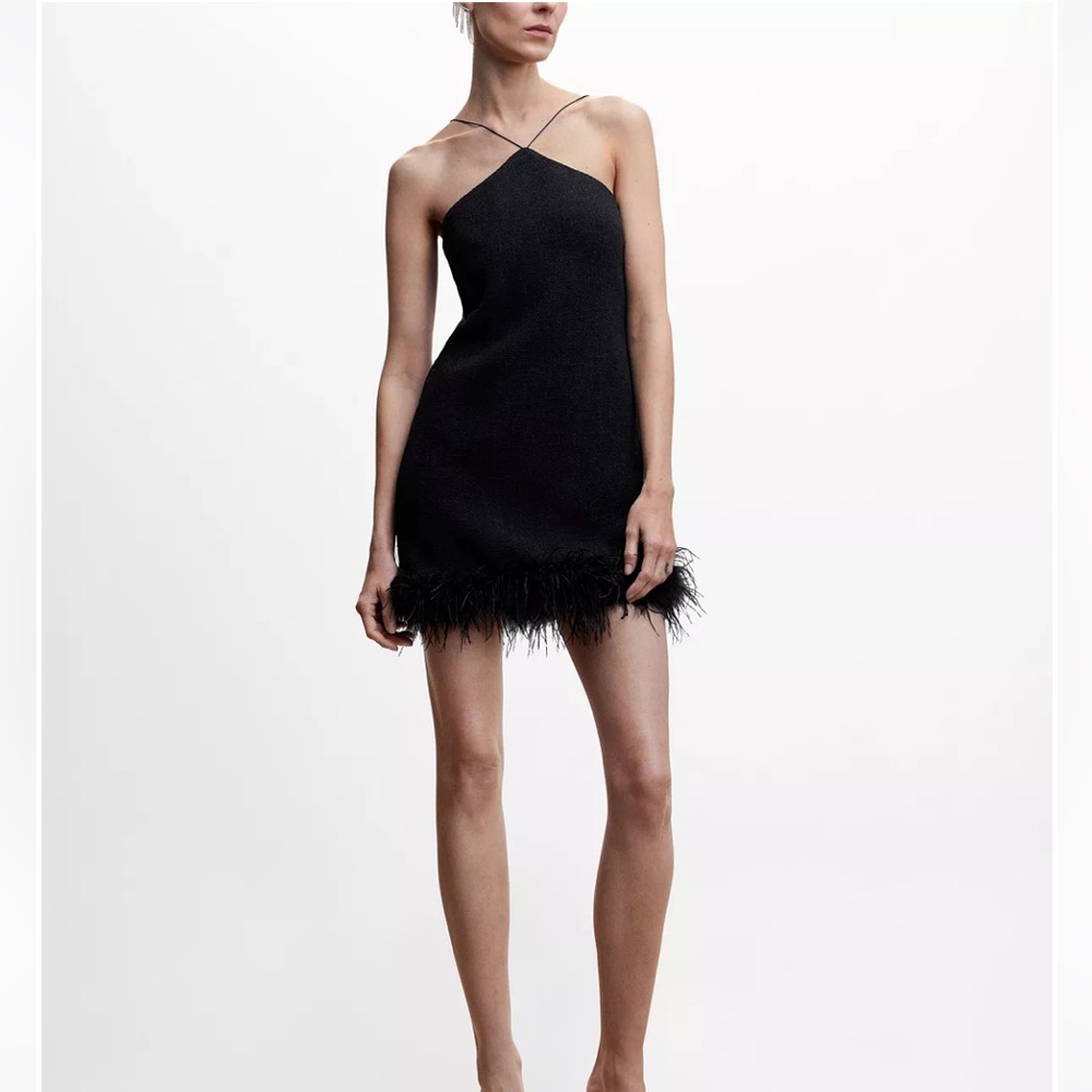 NWT Mango black feather halter dress size small